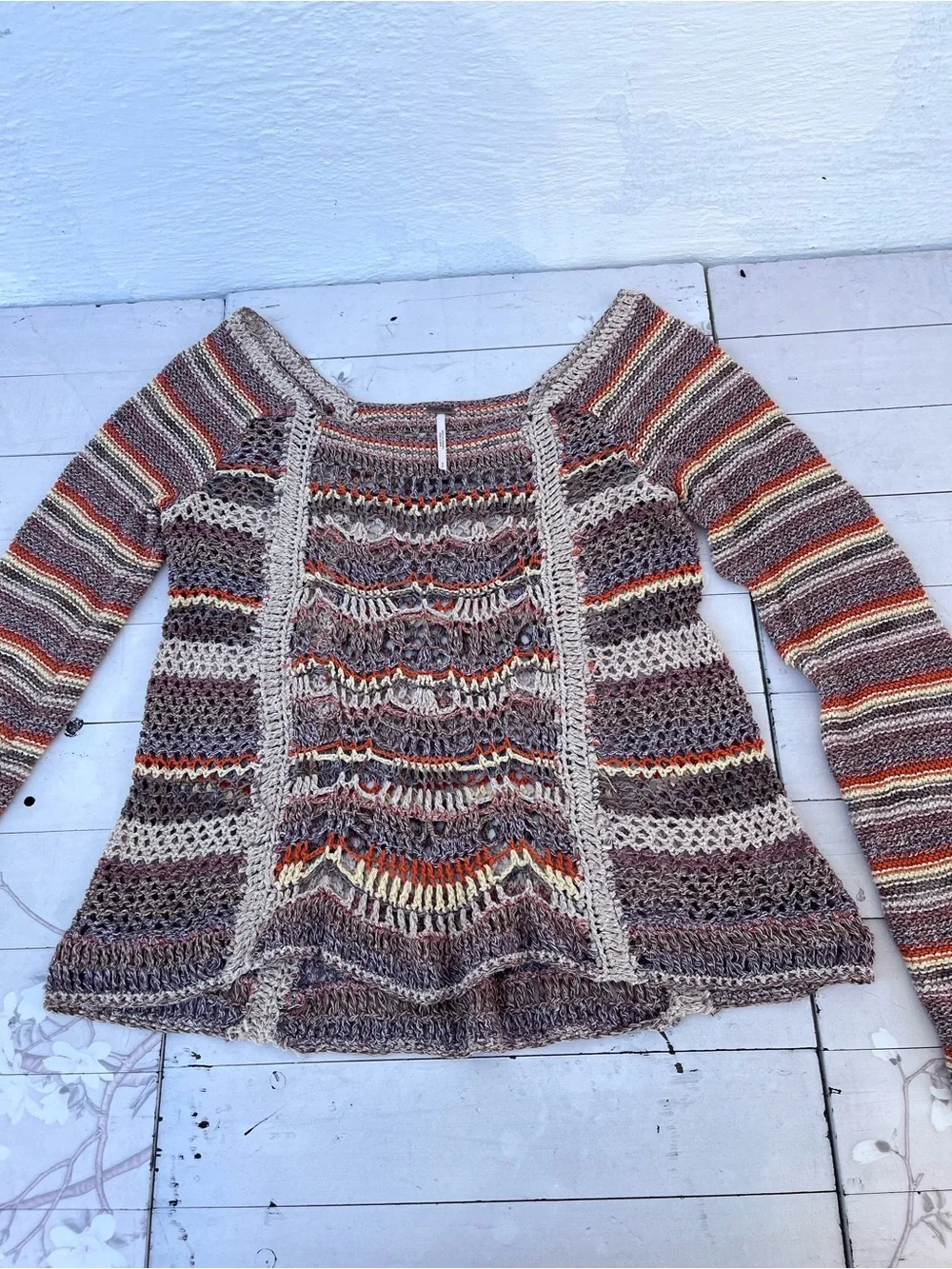 Free People Multi-Color Open Knit Striped Long Sleeve